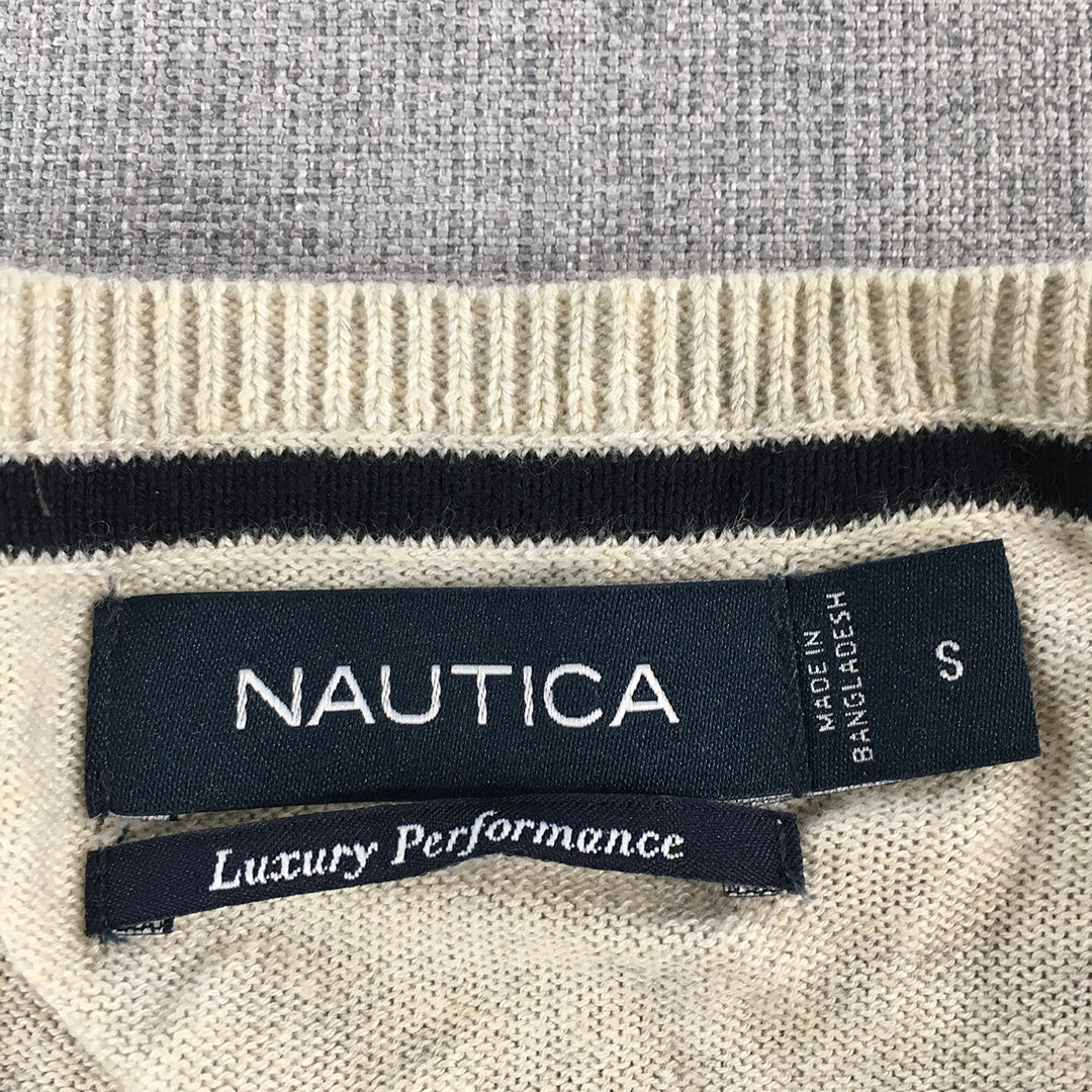 Nautica Mens Knit Sweater Size S Cream Beige Crew Neck Logo Pullover Jumper