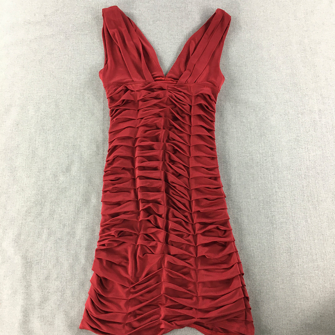 Zahara Womens Mini Dress Size 8 Red Sleeveless Ruched V-Neck