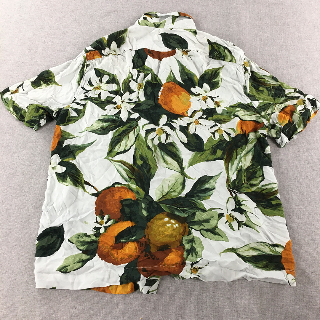 H&M Mens Hawaiian Shirt Size L White Green Yellow Lemons Floral Button-Up