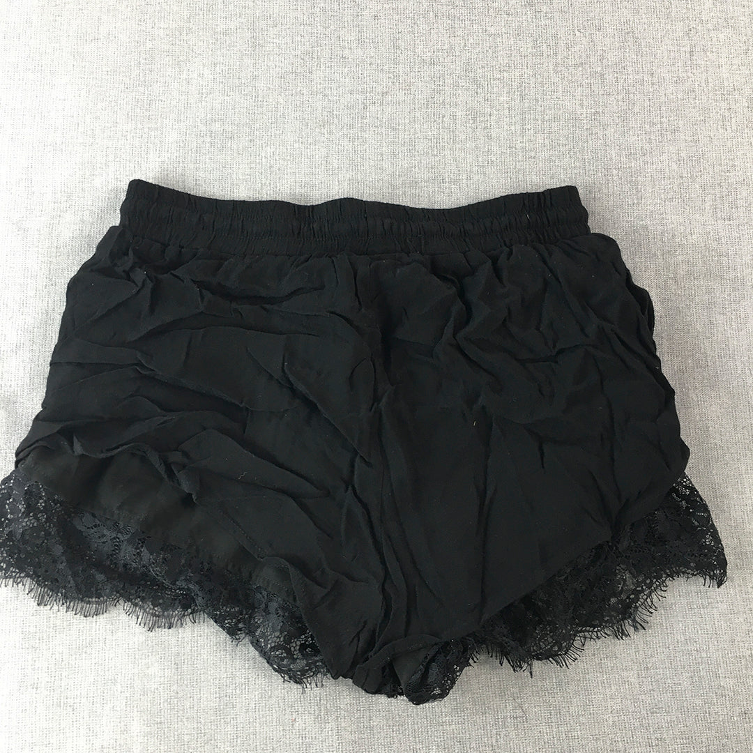 Bardot Womens Shorts Size 8 AUS Black Drawstring Elastic Waist Floral Lace Hem