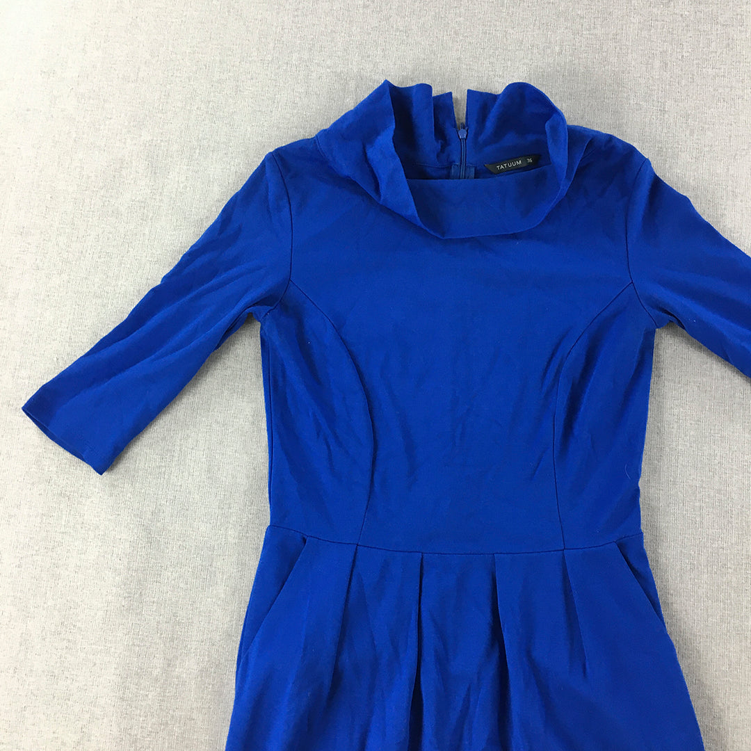 Tatuum Womens Midi Dress Size 36 (S) Blue Pleated A-Line Long Sleeve Knit