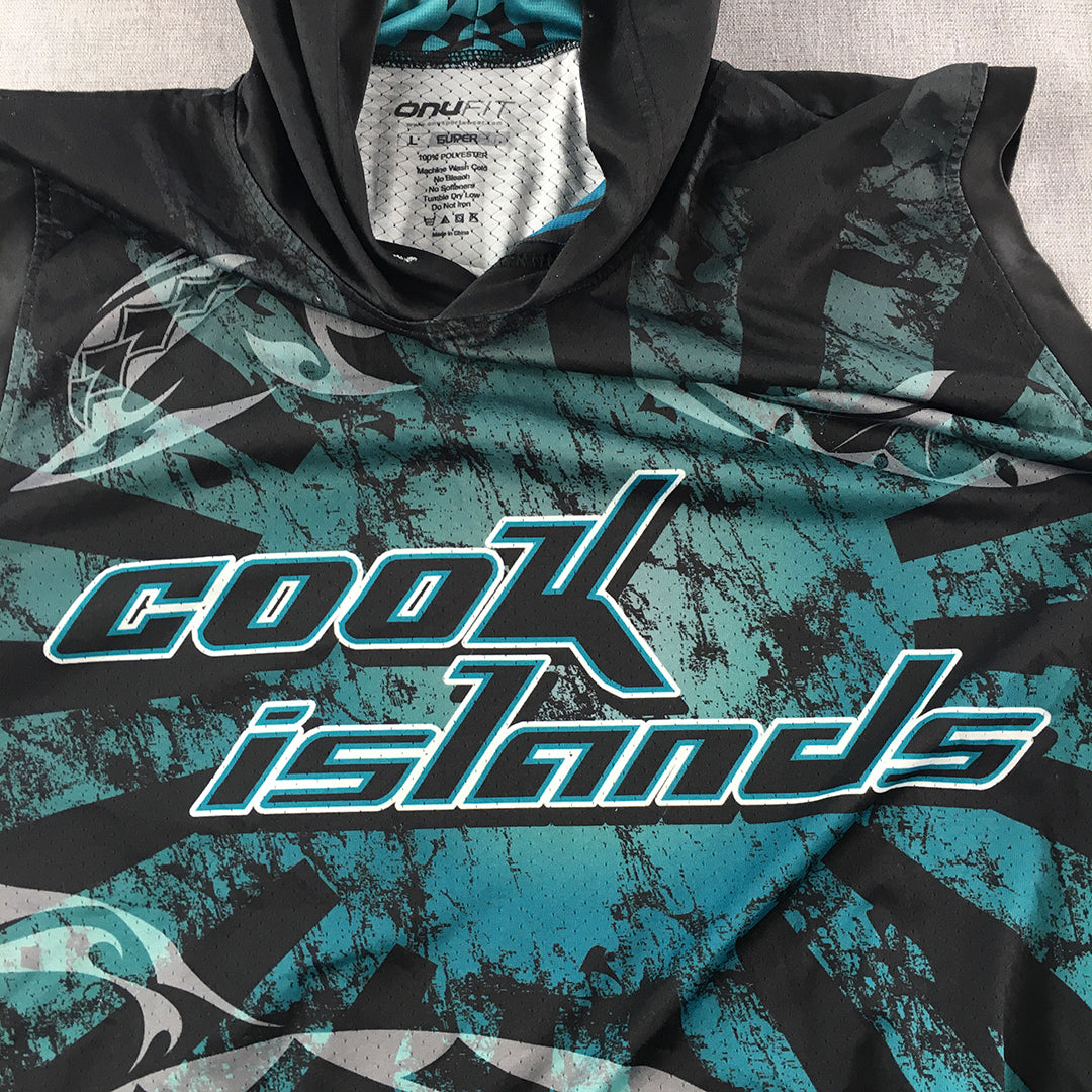 Cook Islands Mens Hoodie Vest Size L Blue Fish Tribal Pattern Sleeveless Shirt