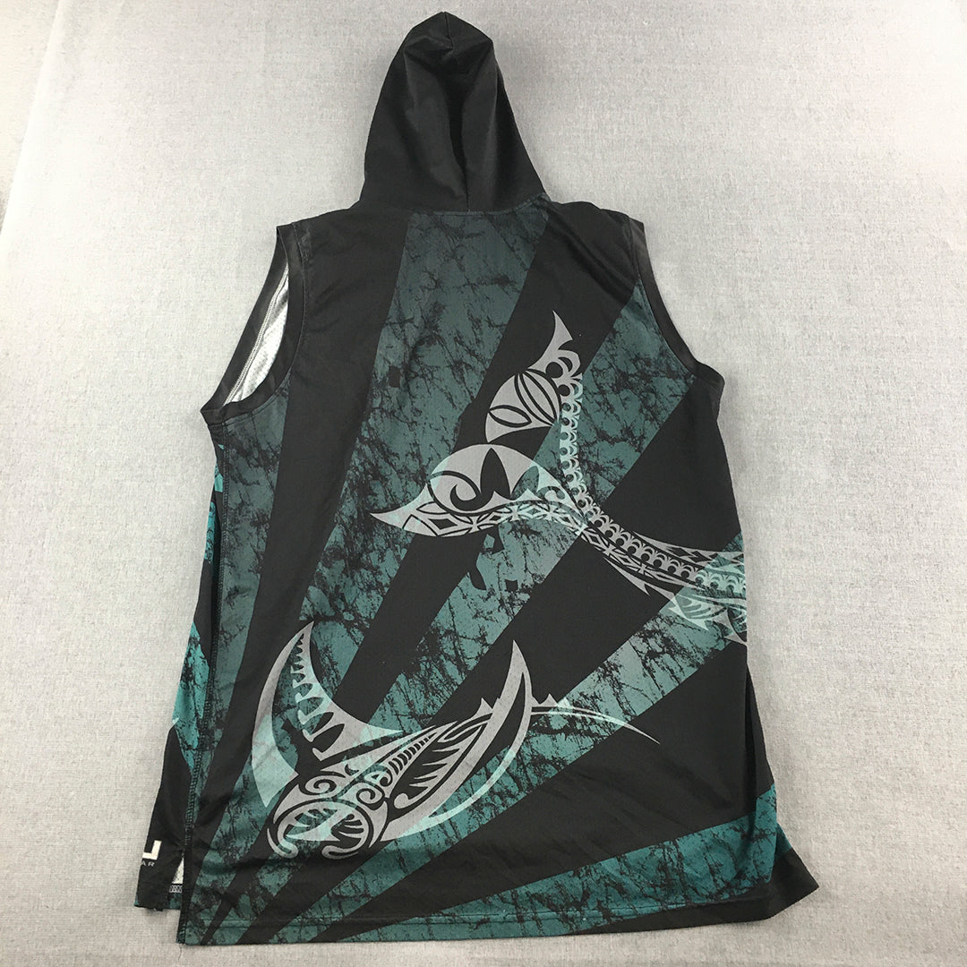 Cook Islands Mens Hoodie Vest Size L Blue Fish Tribal Pattern Sleeveless Shirt