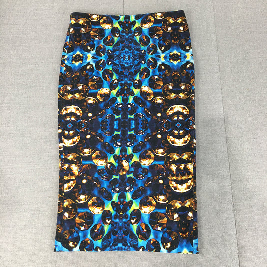 Asos Womens Skirt Size 8 Blue Gold Psychedelic Abstract Midi Straight