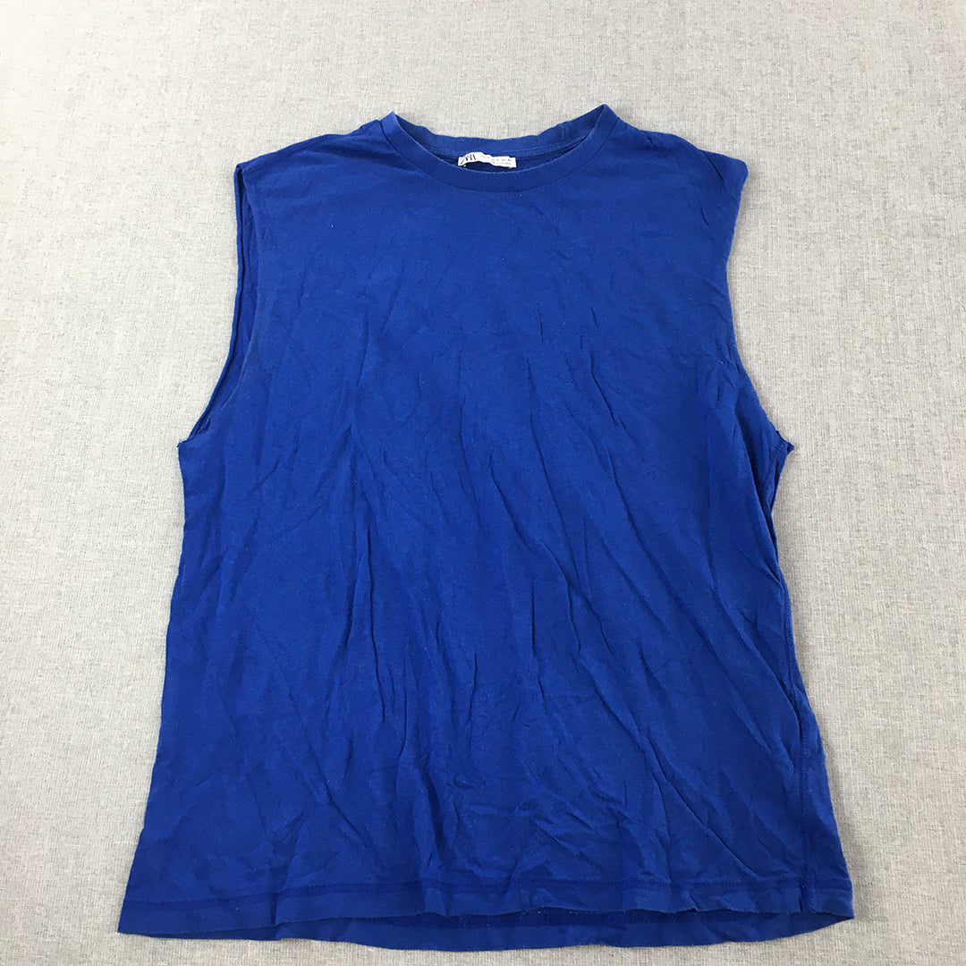 Zara Womens Knit Tank Top Size M Blue Sleeveless Shirt Crew Neck