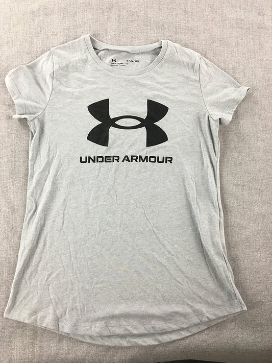 Under Armour Kids Girls T-Shirt Youth Size M Grey Big Logo Short Sleeve Top