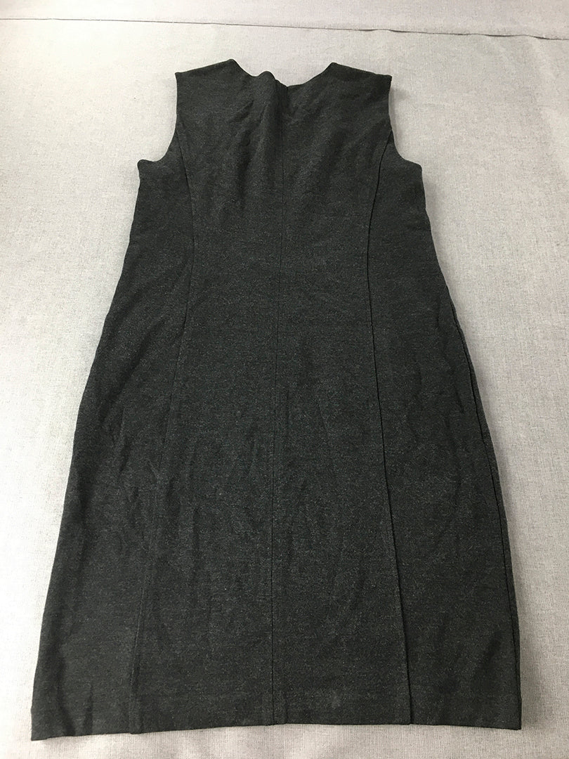 Trenery Womens Pencil Dress Size L Grey Knit Sleeveless Stretch Fabric Midi