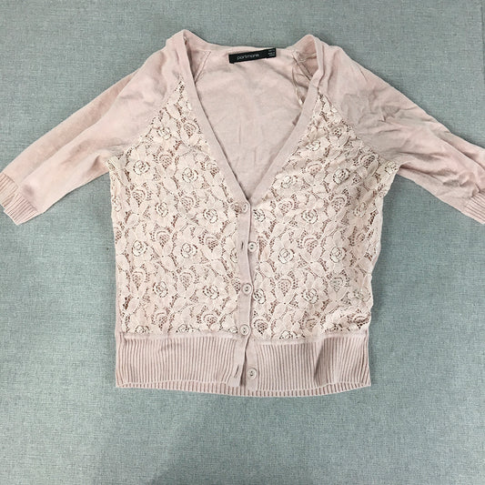 Portmans Womens Cardigan Size XS Pink Floral Lace 3/4 Length Sleeves Knit