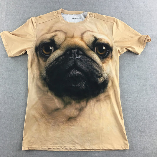 Bella Donna Womens Shirt Size XL Brown Pug Dog Short Sleeve Top