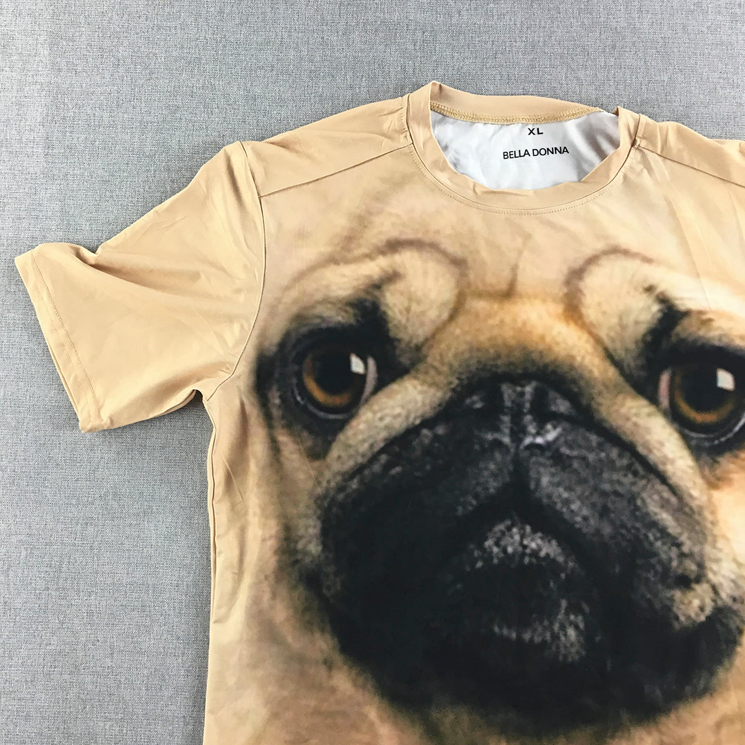 Bella Donna Womens Shirt Size XL Brown Pug Dog Short Sleeve Top