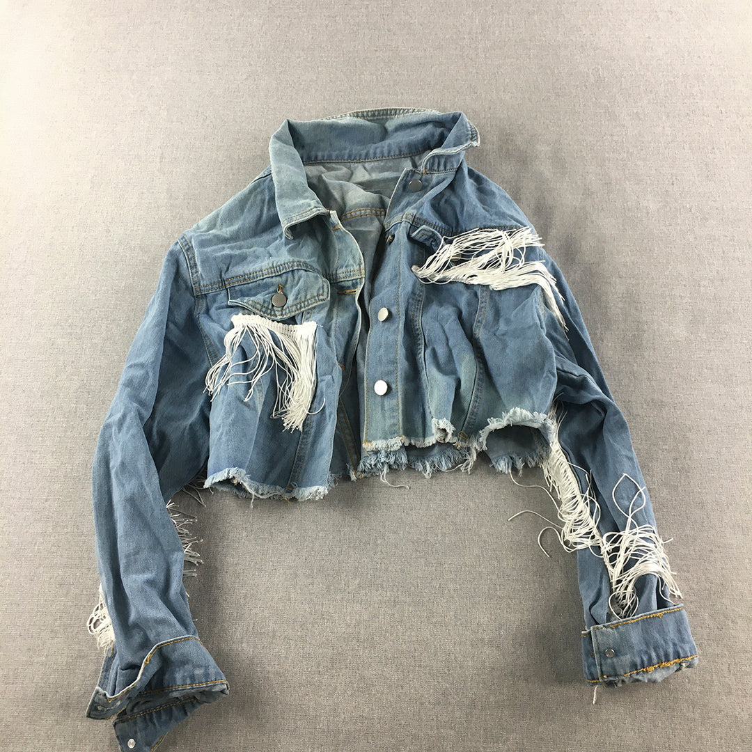 Shein Womens Denim Jacket Size XL Blue Distressed Cowboy Button Up