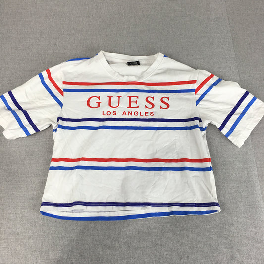 Guess Womens T-Shirt Size S White Striped Logo Crew Neck Cropped Top