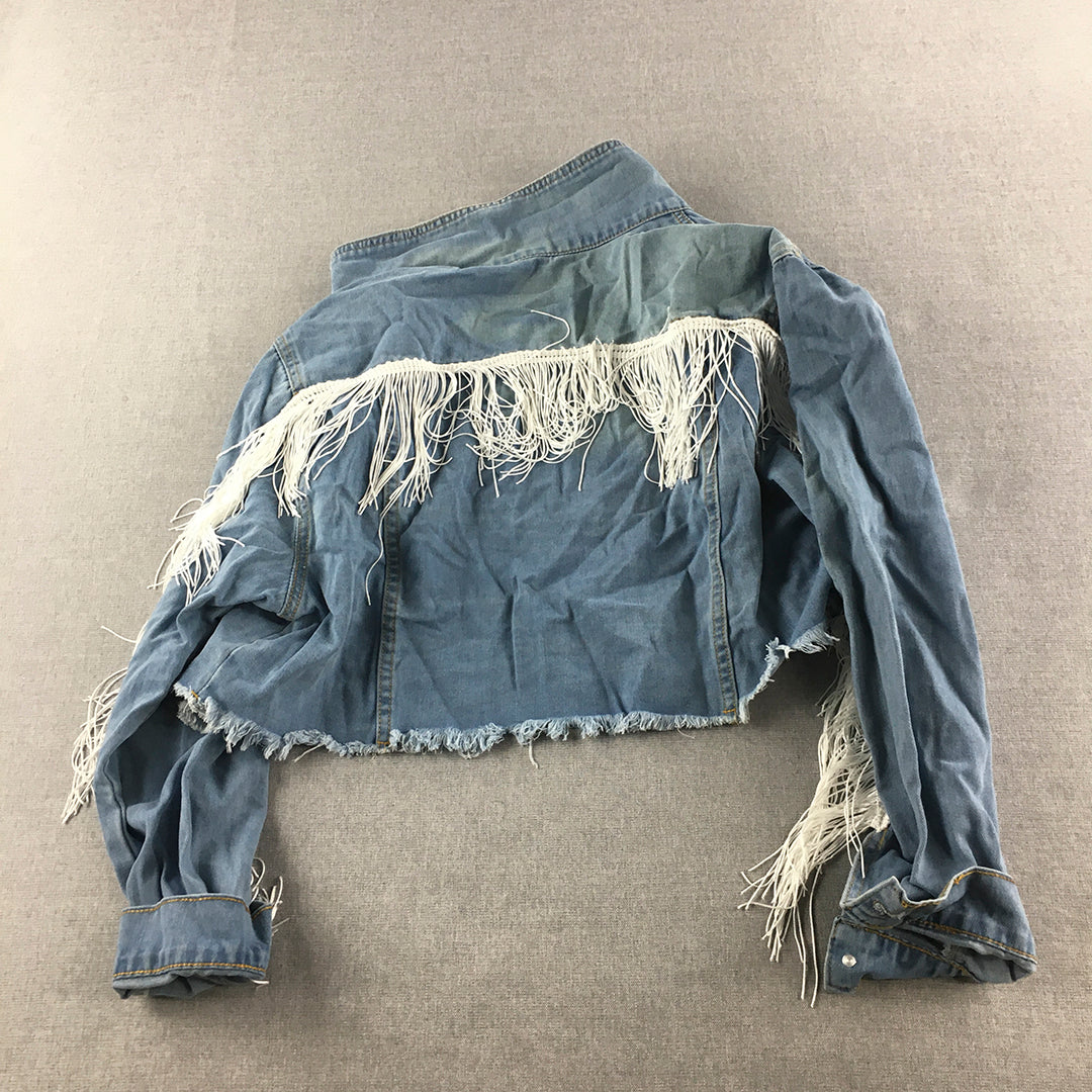 Shein Womens Denim Jacket Size XL Blue Distressed Cowboy Button Up