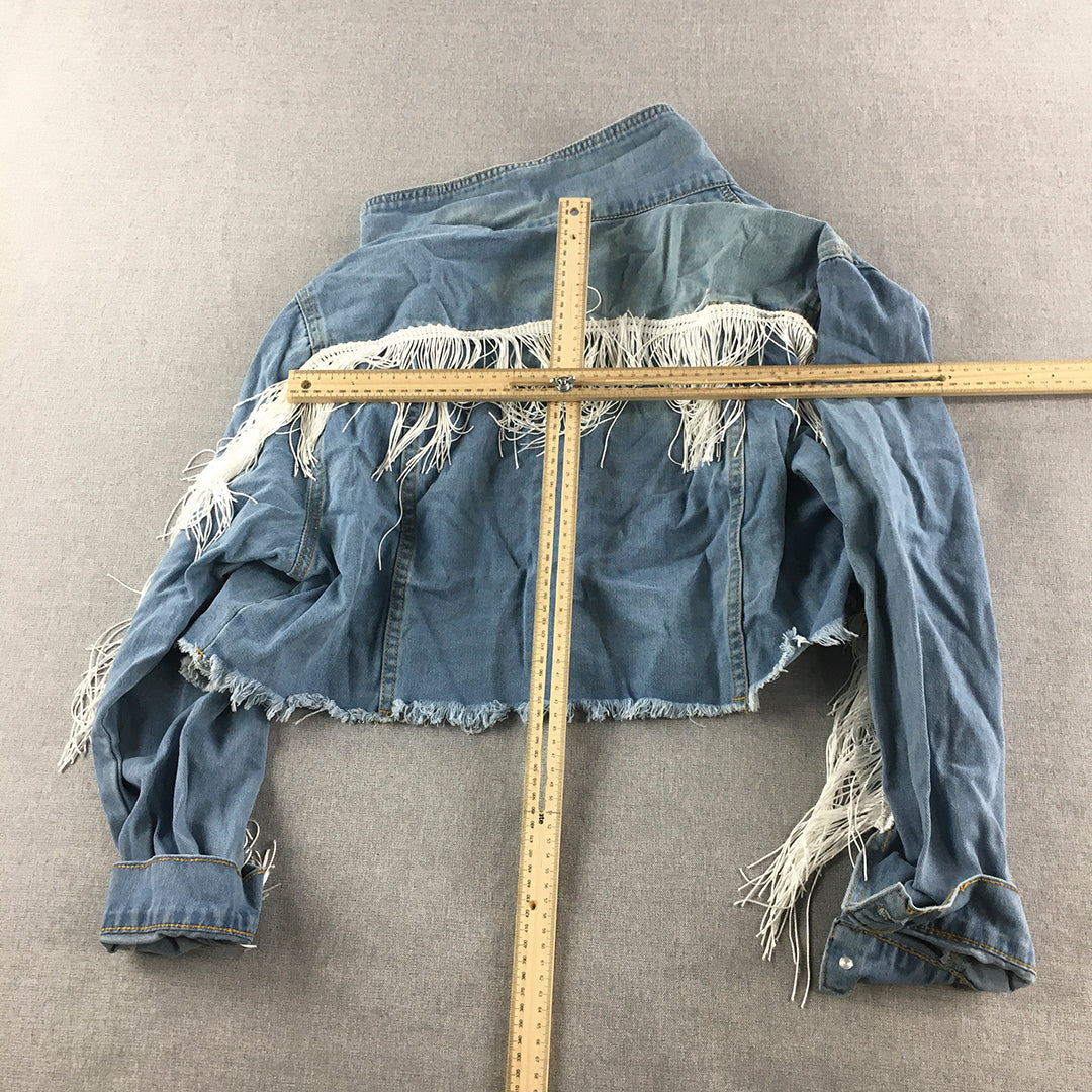 Shein Womens Denim Jacket Size XL Blue Distressed Cowboy Button Up