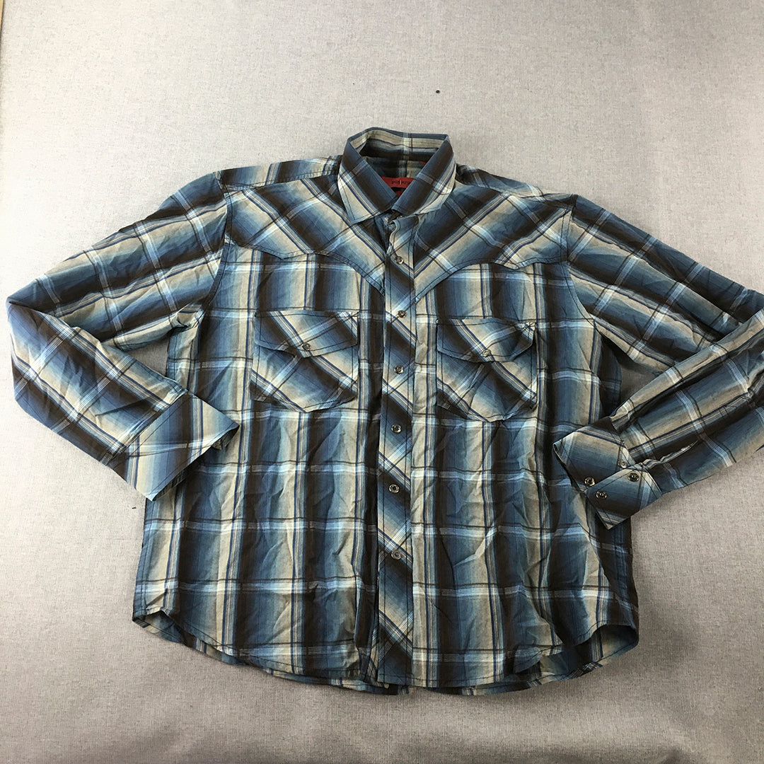 Priknit Mens Shirt Size M (40) Slim Fit Blue Checkered Pearl-Snap Cowboy Western