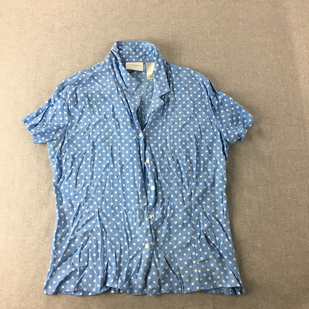 Liz Claiborne Womens Top Size M Blue Polka Dot Short Sleeve Button-Up Shirt