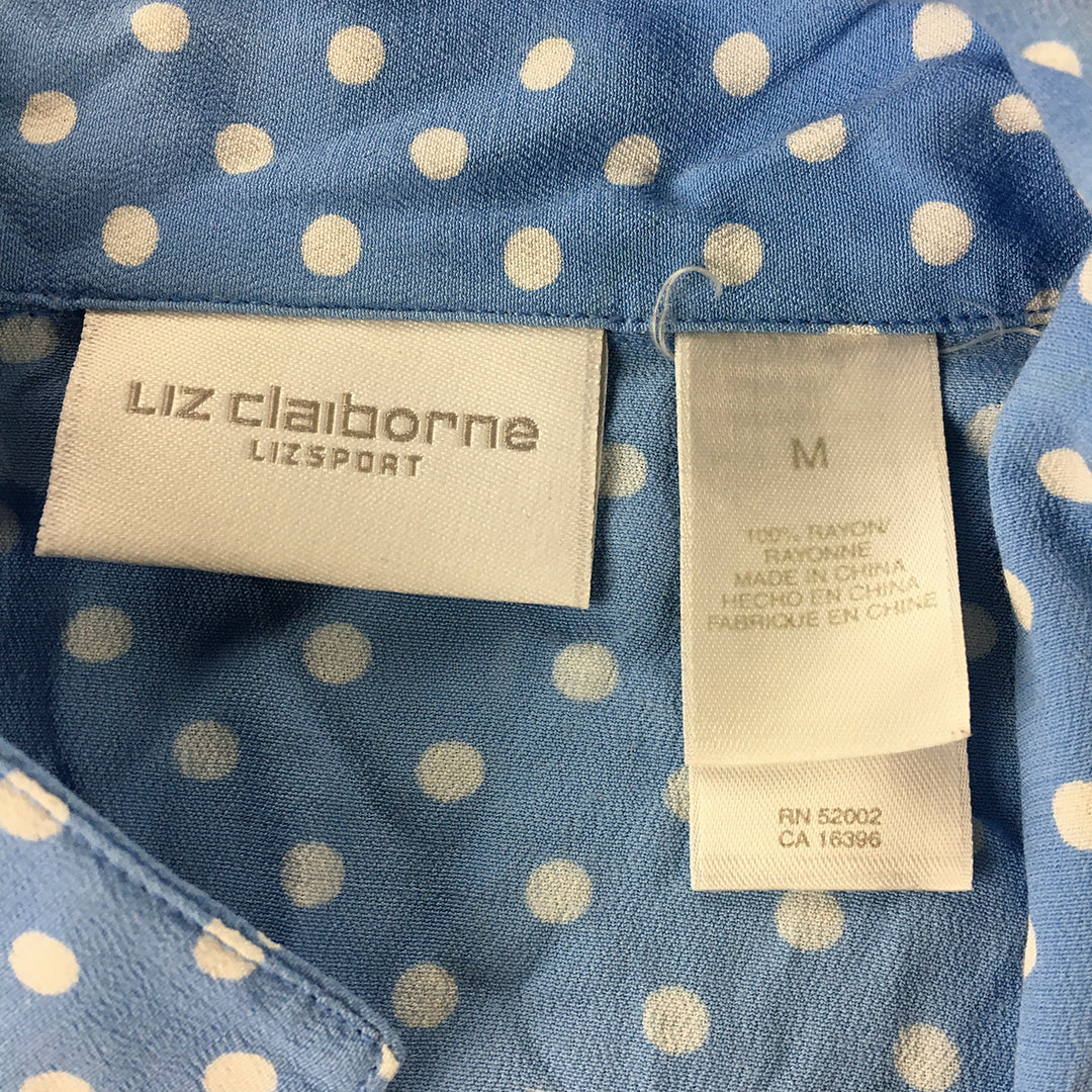 Liz Claiborne Womens Top Size M Blue Polka Dot Short Sleeve Button-Up Shirt