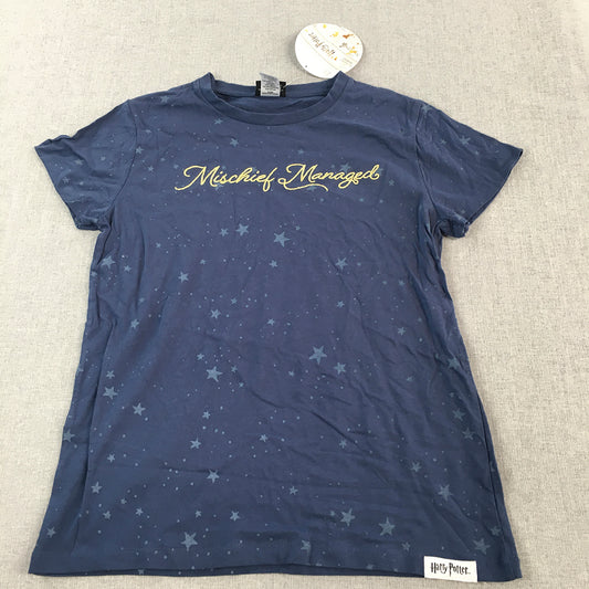 NEW Harry Potter T-Shirt Adult Size S Blue Mischief Managed Embroidered Gold