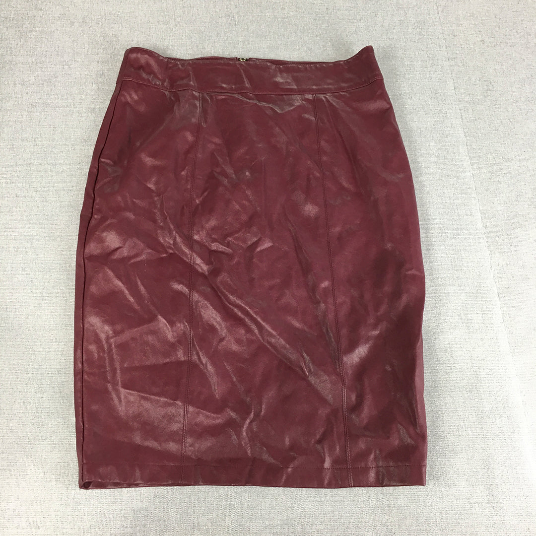 Forver New Womens Faux Leather Pencil Skirt Size 12 Red Midi