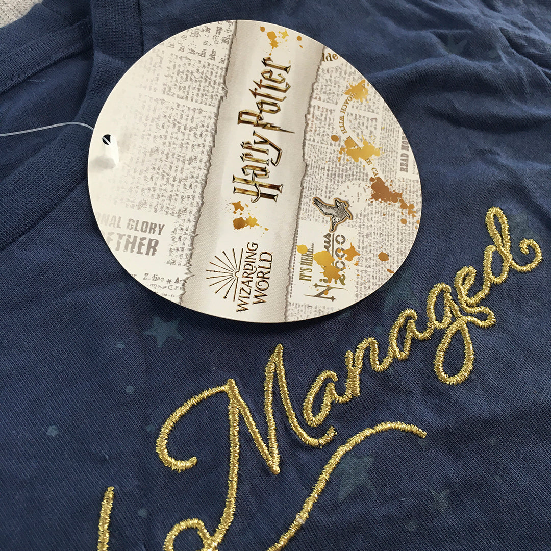 NEW Harry Potter T-Shirt Adult Size S Blue Mischief Managed Embroidered Gold