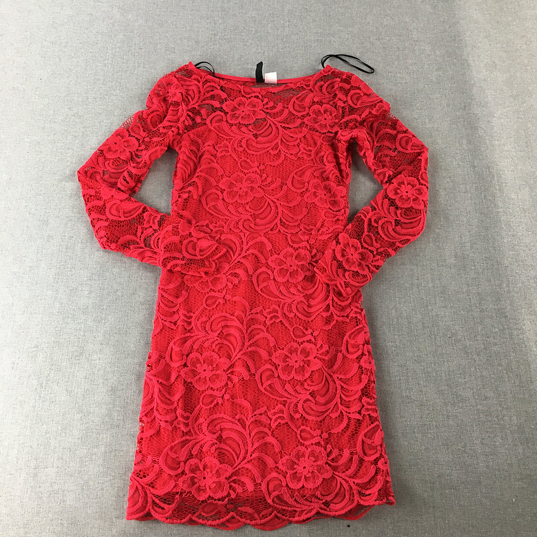 H&M Womens Mini Dress Size 4 Red Floral Lace Long Sleeve