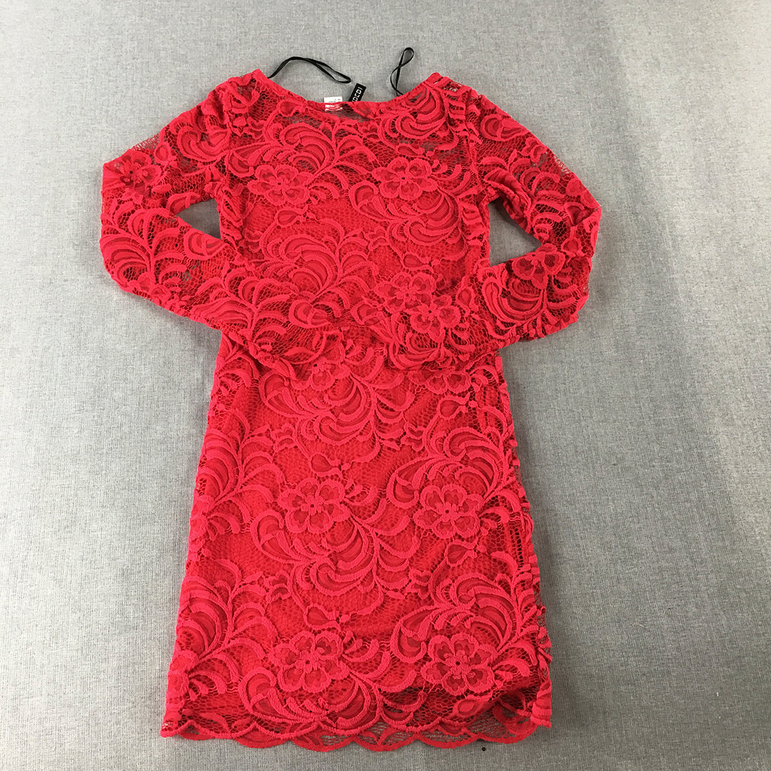 H&M Womens Mini Dress Size 4 Red Floral Lace Long Sleeve