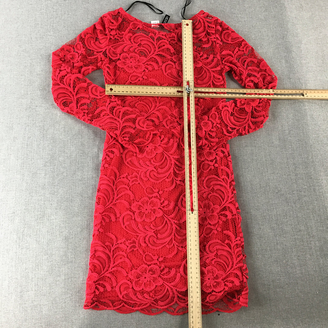 H&M Womens Mini Dress Size 4 Red Floral Lace Long Sleeve