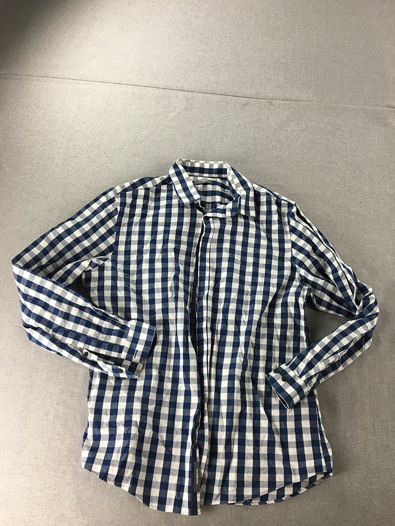 Studio W Mens Shirt Size L Blue White Checkered Long Sleeve Button-Up