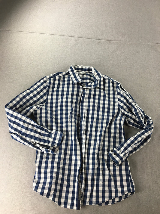 Studio W Mens Shirt Size L Blue White Checkered Long Sleeve Button-Up