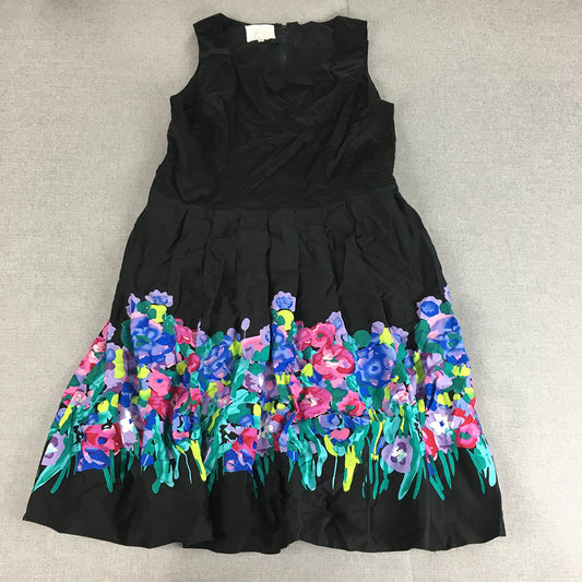 Tequila Sunrise Womens A-Line Dress Size 14 Black Purple Floral Pleated Mini