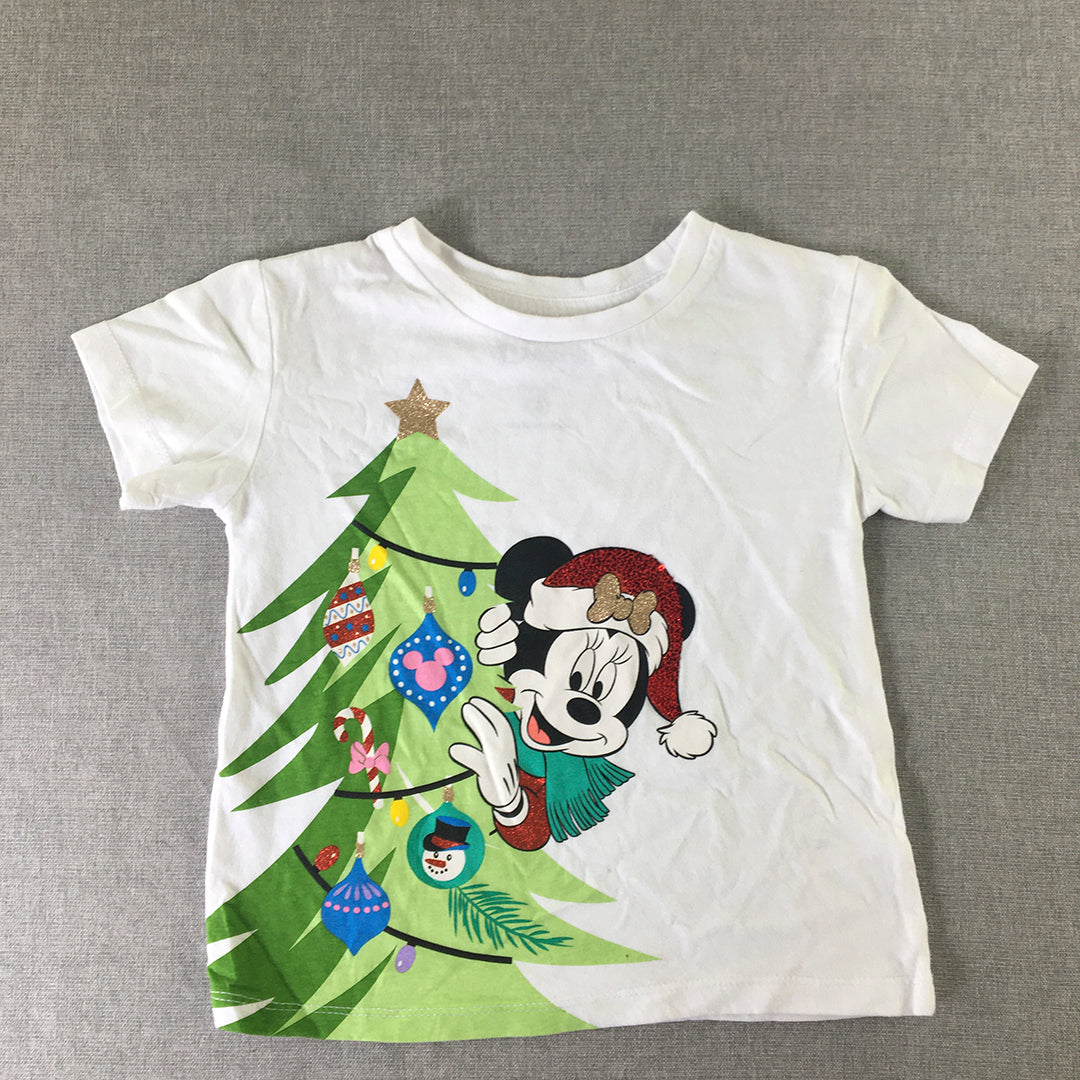 Disney Minnie Mouse Kids Girls T-Shirt Size 4 White Christmas Short Sleeve Top