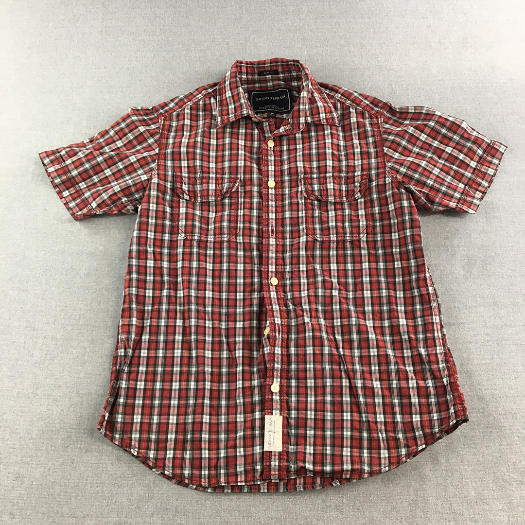 Indian Terrain Mens Shirt Szie M Red Checkered Short Sleeve Button-Up Collared